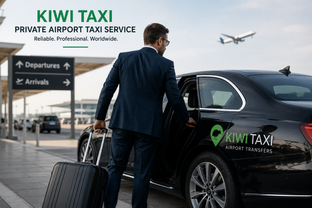 Business traveler using a private airport taxi service through Kiwi Taxi